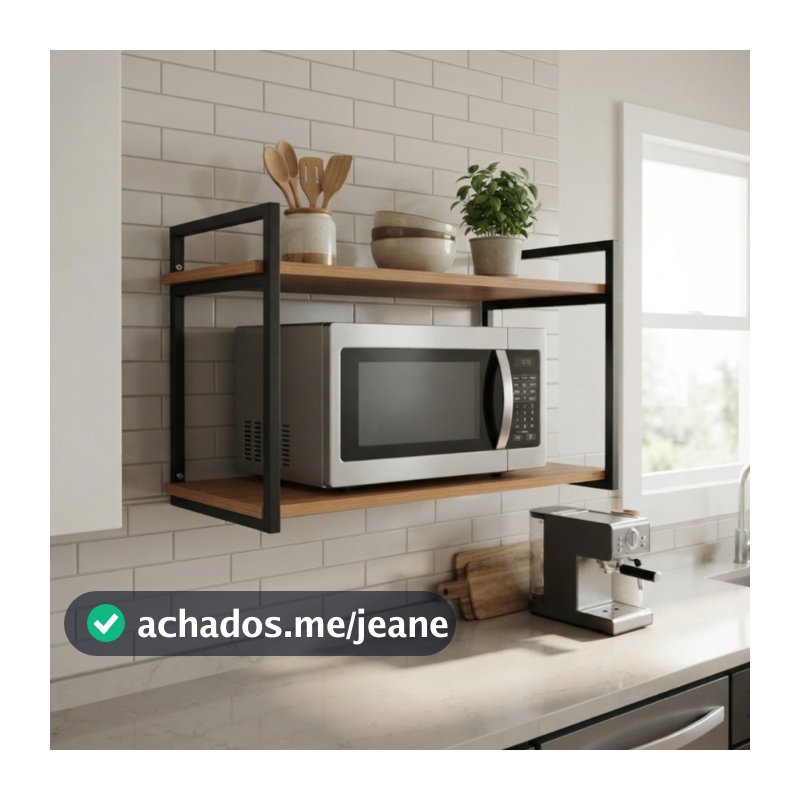 Prateleira Industrial Suspensa para Micro-ondas, Forno Elétrico, Eletrodoméstico com Suporte de Metal e Madeira
