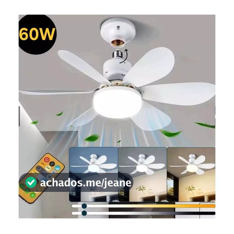 Ventilador de Teto com Lâmpada LED E27 6 Pétalas 60W 3 Velocidades Controle Remoto