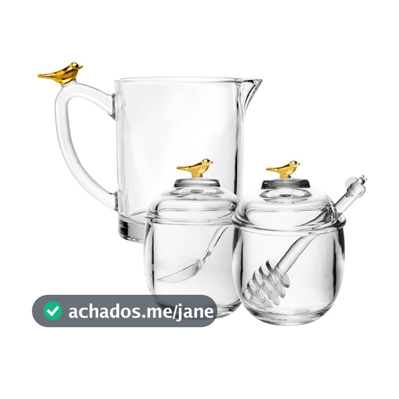 Kit Leiteira, Açucareiro e Meleira de Vidro Cristal Golden Bird - Wolff