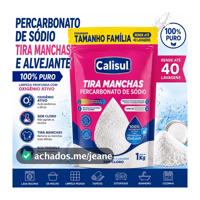 Percarbonato de Sódio 100% Puro Tira Manchas 500g / 1kg /2kg Calisul Alvejante Sem Cloro Limpeza Profunda Roupas Brancas