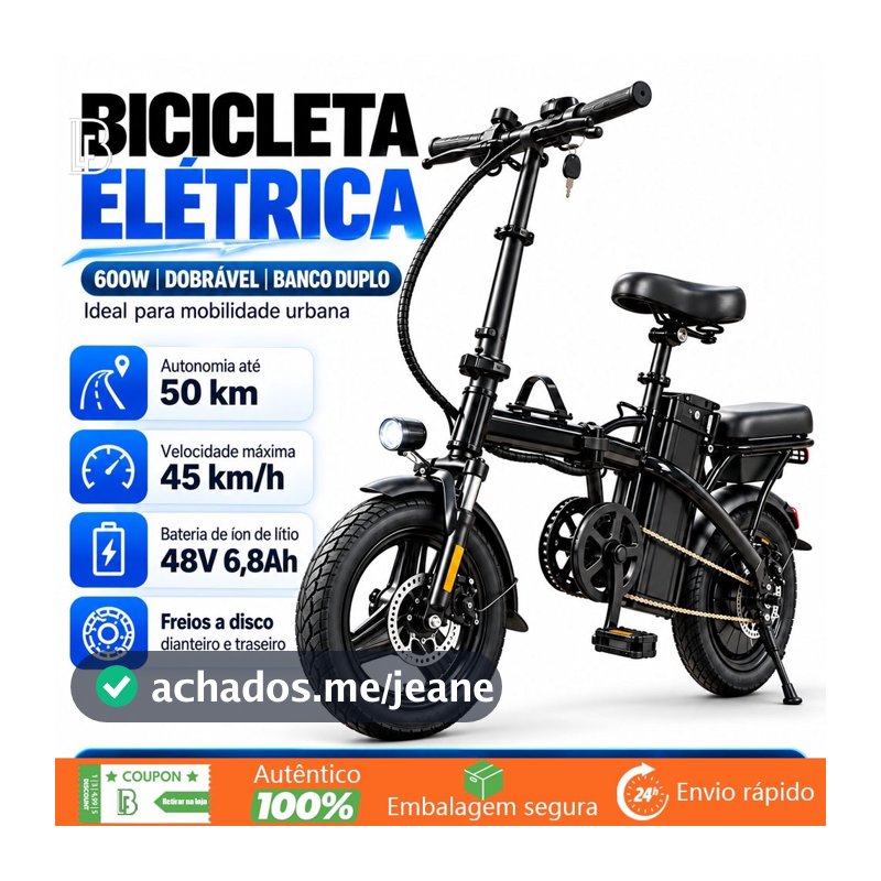 600W 48V Folding Electric Bike with Removable Lithium Battery, Up to 45km/h, 50km Range, Disc Brakes