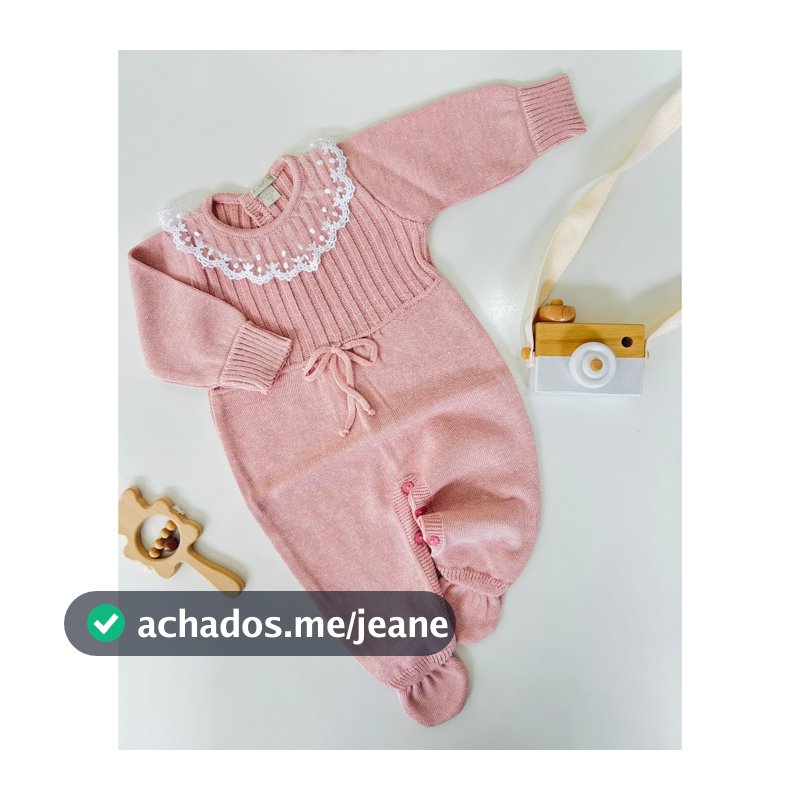 Macacão para Bebê Tricot Roupa Infantil Menina Saída Maternidade Gola Tule Bordado Rendado