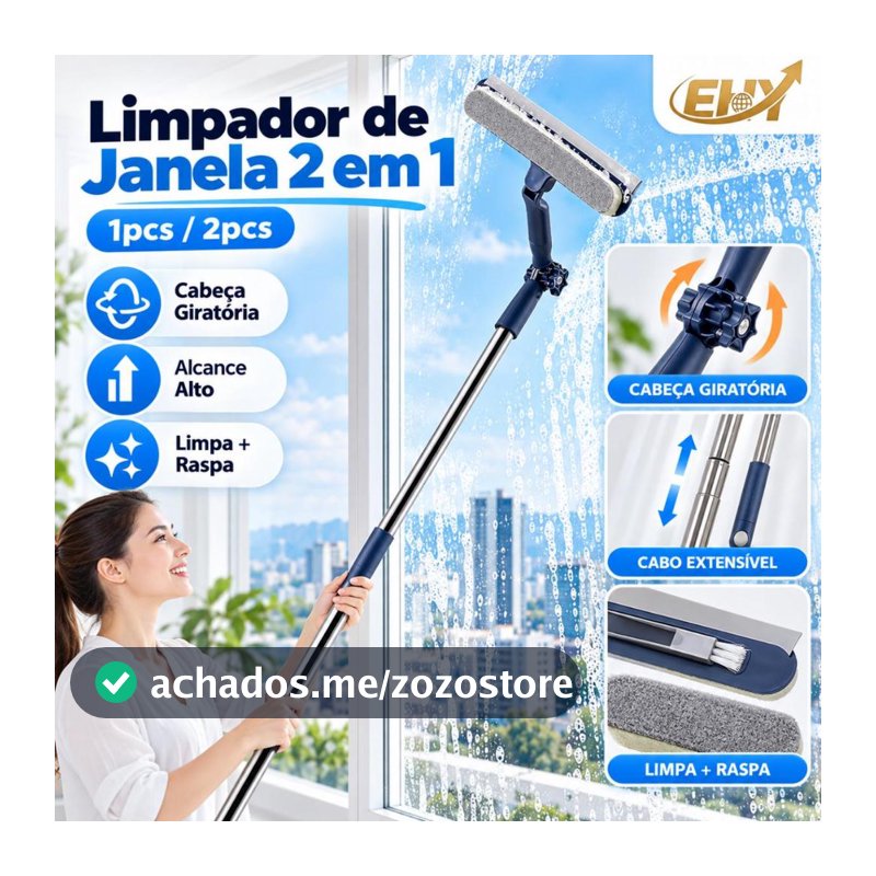 Limpador de Vidros 2 em 1 com Cabo Extensível 180° Giratório para Janelas Externas