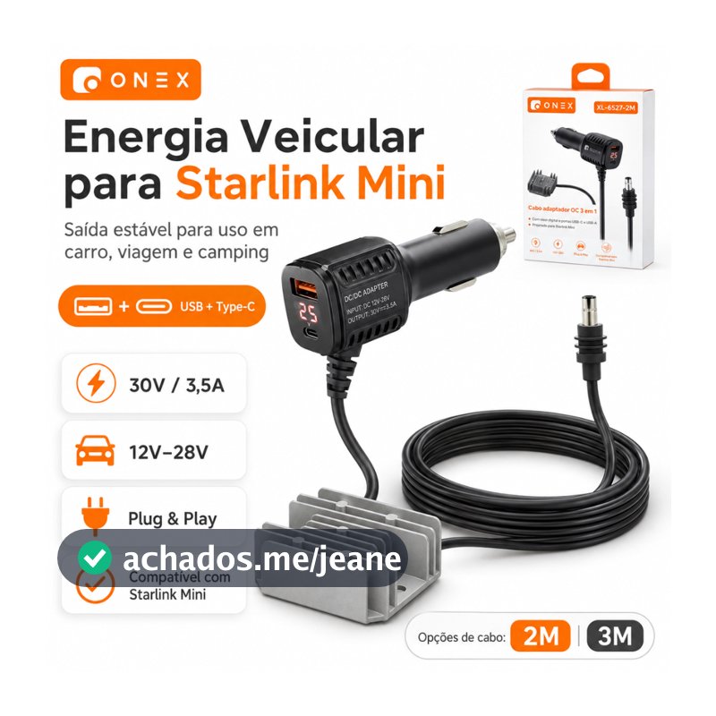 Carregador Veicular Starlink Mini 30V 3,5A Adaptador para Carro 12V-28V USB Type-C Cabo 2M/3M