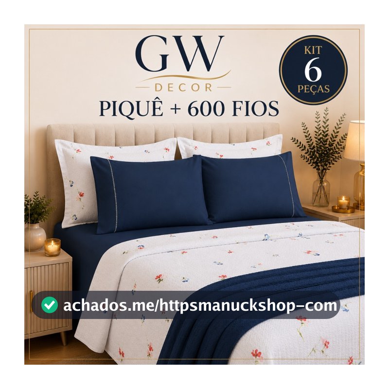Kit 6 Peças Piquê + 600 Fios Jogo de Cama Macio e Sofisticado Casal Queen e King