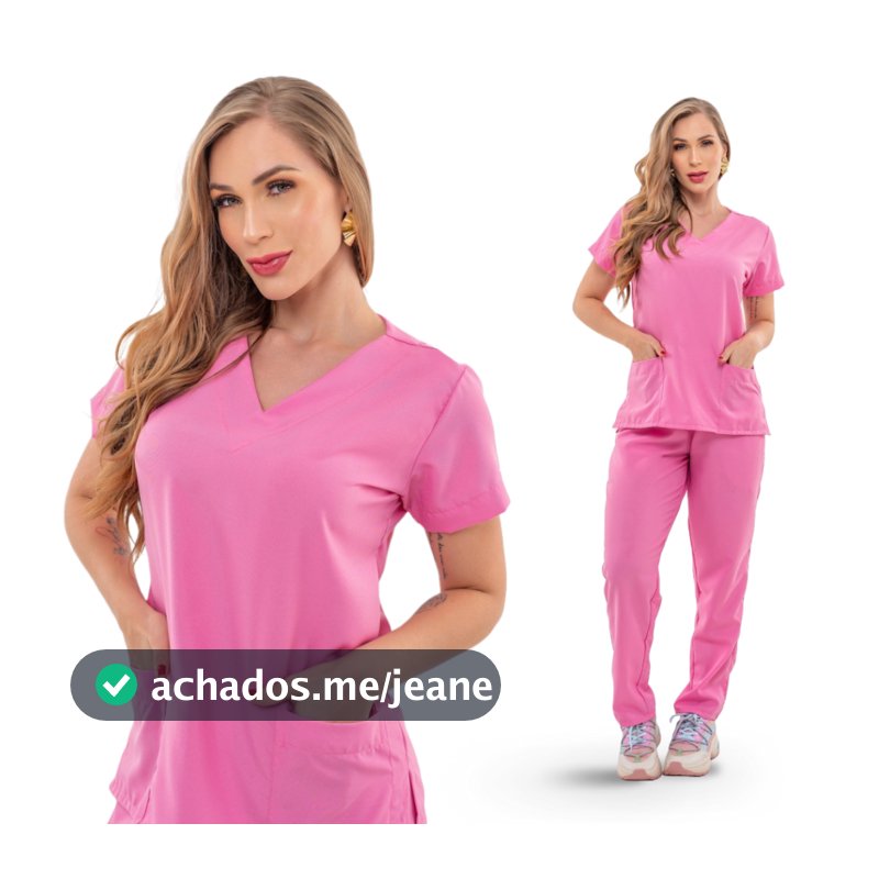 Conjunto Pijama Scrub Oxfordine Uniforme Enfermagem Basico Rosa Chiclete