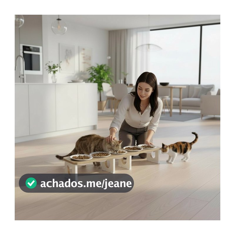Comedouro Quintuplo Gato 5 Tigelas Porcelana Elevado Ergonômico MDF Pet
