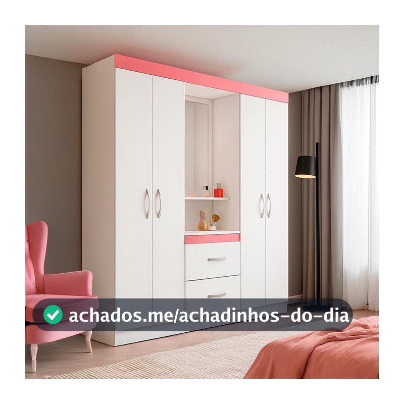 Guarda-Roupa Solteiro com Espelho Embers 4 Portas 2 Gavetas Branco e Rosa