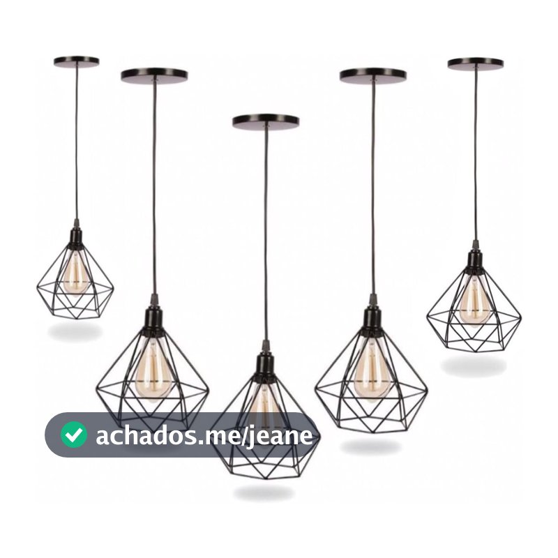 Kit 5 Luminárias de Teto Modelo Diamante Preto Lustre Retro Pendente Industrial