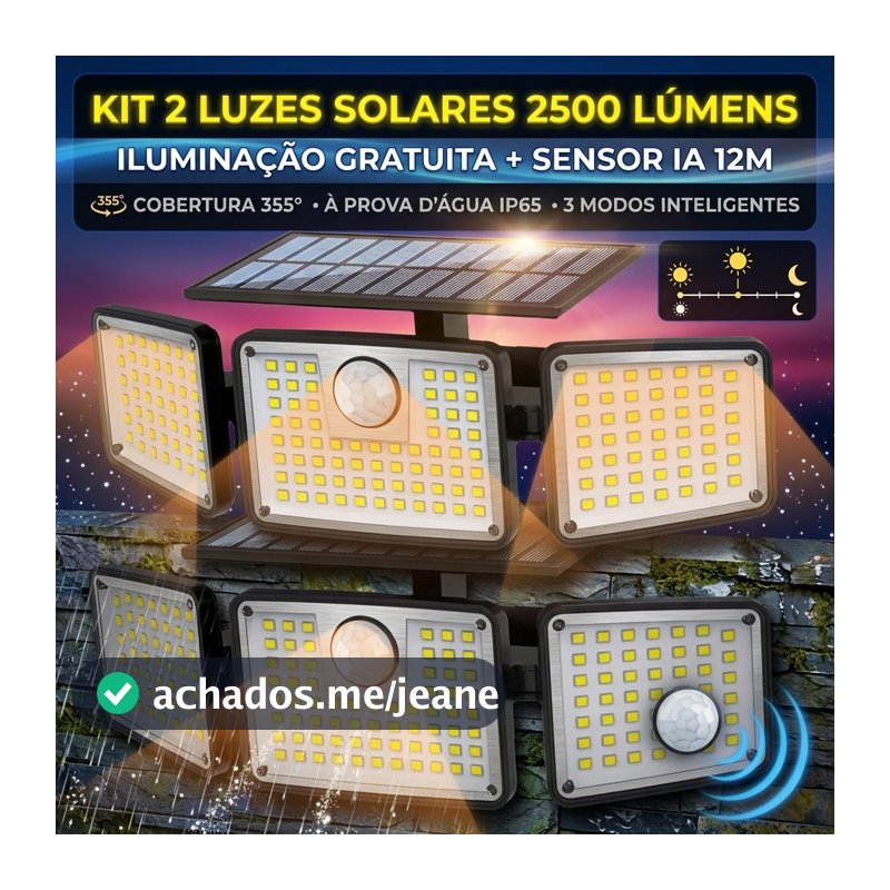 Kit 2 Luminária Solar Parede 2500 Lúmens Sensor Presença 355º À Prova D'água Refletor LED Externo
