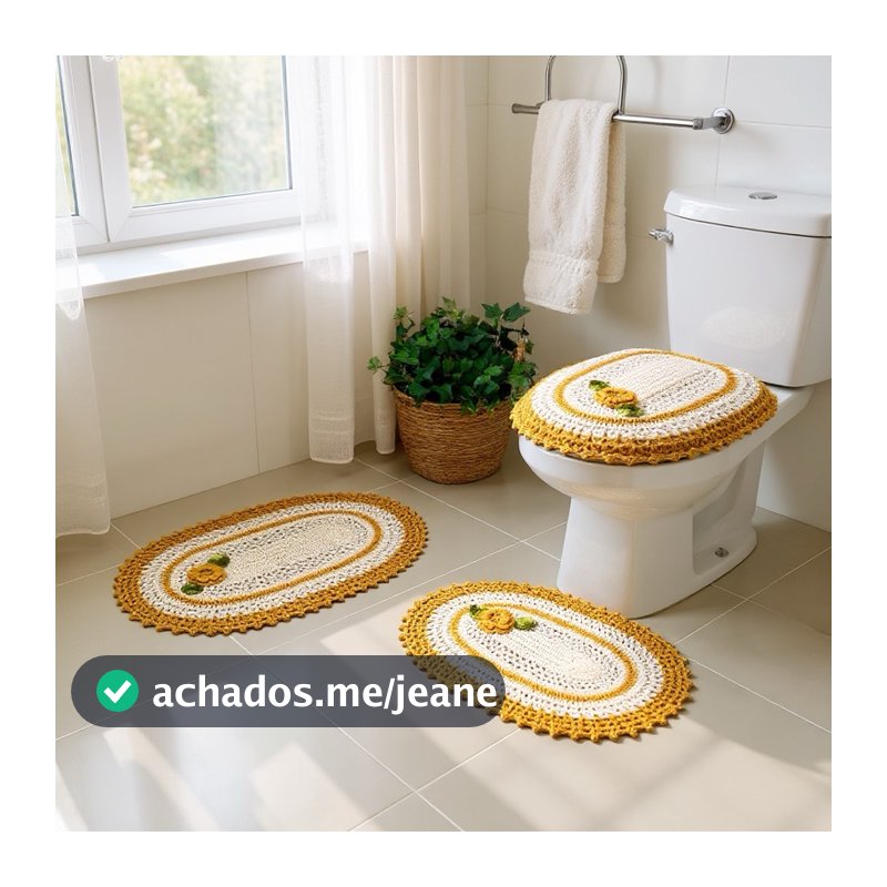 Jogo De Banheiro Em Crochê 3 Peças Bordado Flor Artesanal
