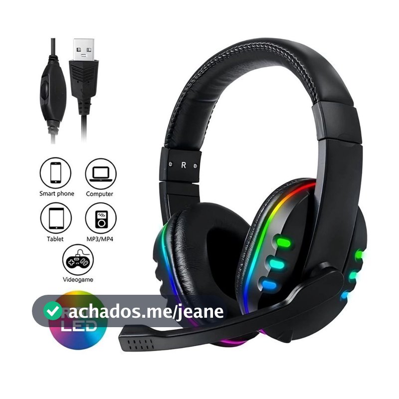 Headset Fone Gamer Led RGB com microfone USB e P2 Para PC Computador Celular Headphone Videogame