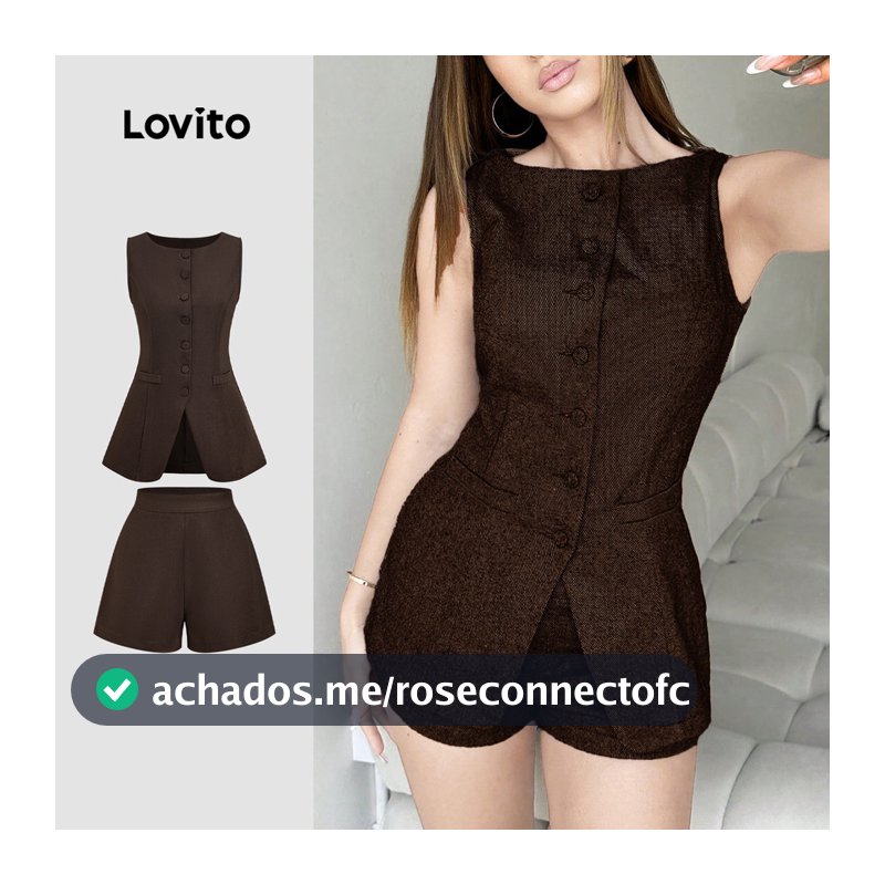 Lovito Elegante Conjunto de Shorts com Botão Na Frente para Primavera/verão em Marrom para Mulheres L165ED1459
