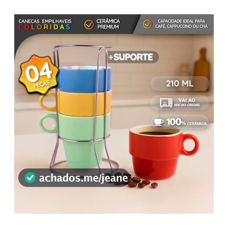 Kit 4 Xícaras 210ml Coloridas Empilháveis com Suporte Metálico Cerâmica Arco-Íris