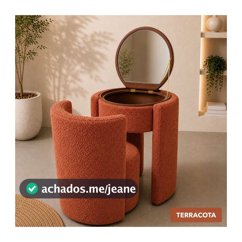 Puff Poltrona Penteadeira Luxo Espelho e Organizador de Maquiagem – Banco Decorativo Moderno para Quarto e Closet