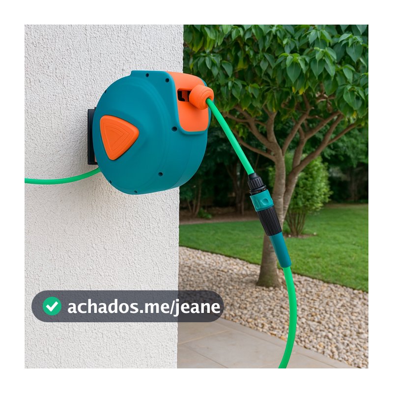 Mangueira de Água C/ Enrolador Retrátil Automático e Suporte de Parede