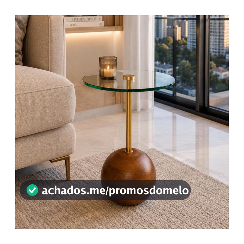 Mesa Lateral Moderna Premium Vidro e Madeira Maciça
