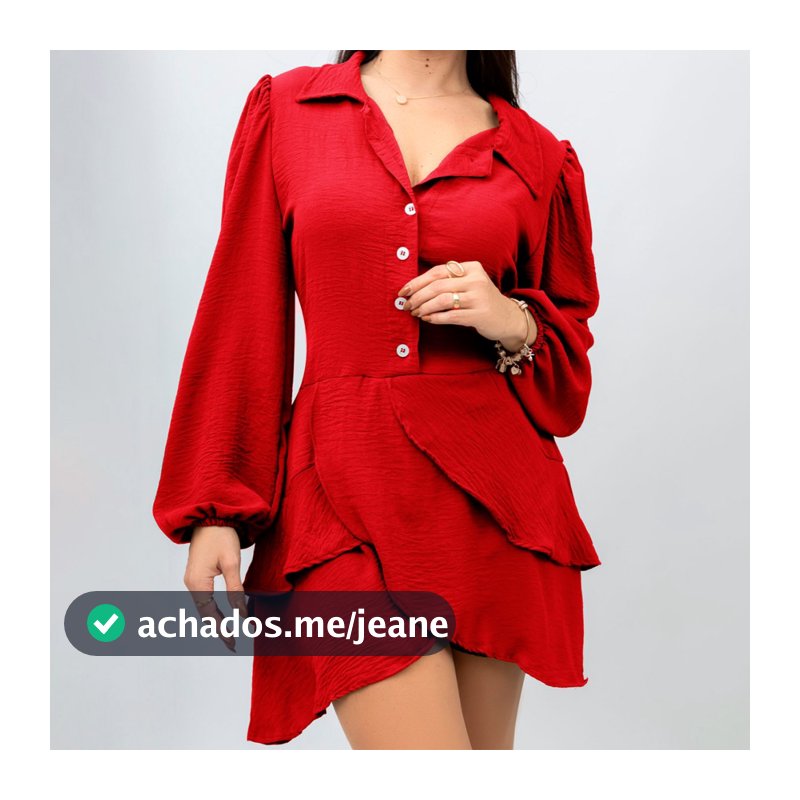 Vestido Curto Feminino Soltinho Babado Chemise Manga Longa Botões Luxo Social Lançamento