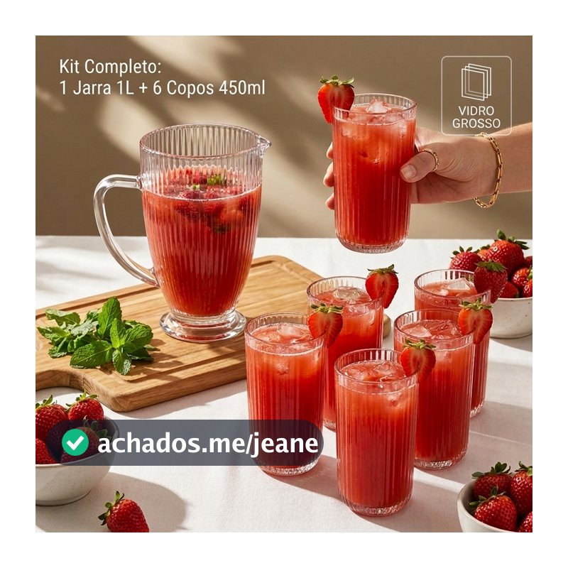 Jogo 6 Copos 450ml + Jarra 1 Litro Vidro Grosso Canelado Versalhes Suco Água Chá Mesa Posta Completo 7 Peças