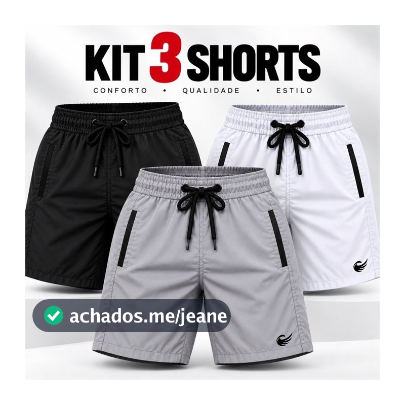 kit 3 Bermudas Masculina short tactel elastano masculino com logo refletivo