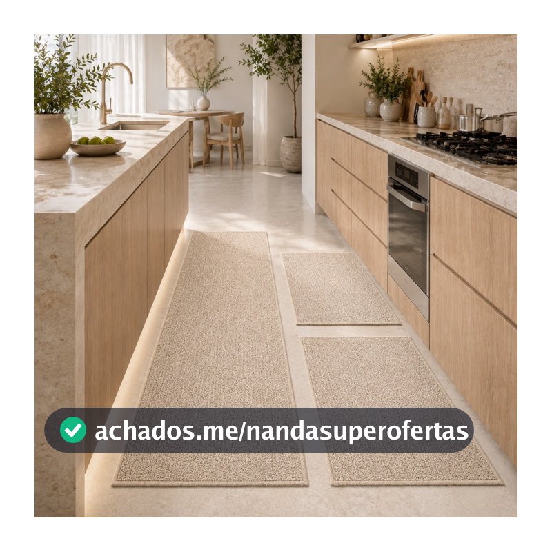 Kit Jogo de Tapete Passadeira Para cozinha Antiderrapante 3 Pçs 1 Passadeira e 2 Tapetes