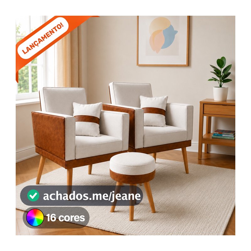 Kit 2 Poltrona Decorativa Lis Almofada Puff Redondo Corino Peroba Suede Aninha Decor