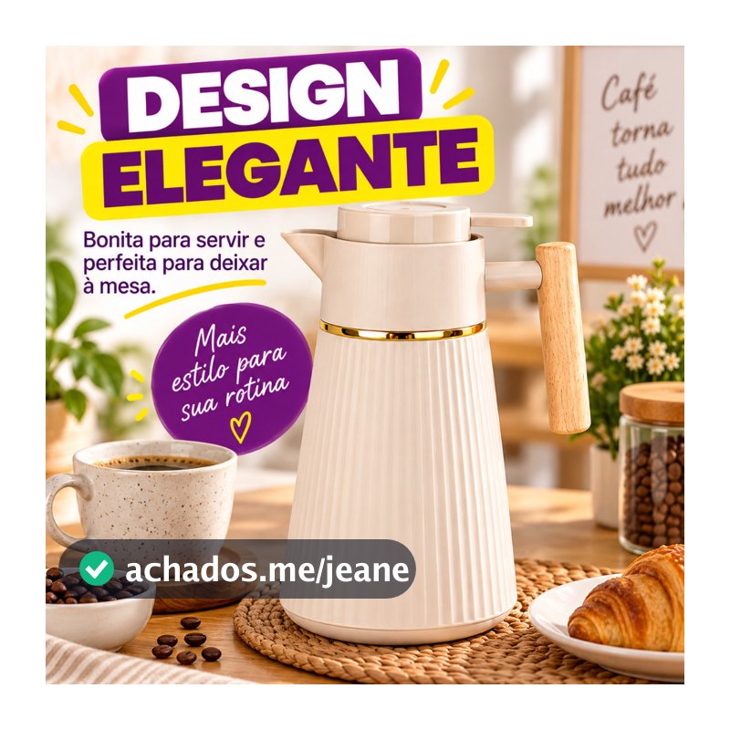 Garrafa Térmica Café 1L com Aro Dourado Alça Madeira 3 Cores