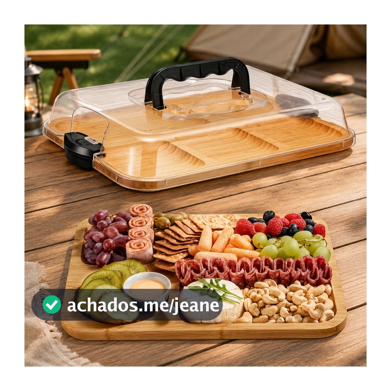 Bandeja de Bambu com Tampa Acrílica e Travas Tábua para Frios Queijos e Petiscos