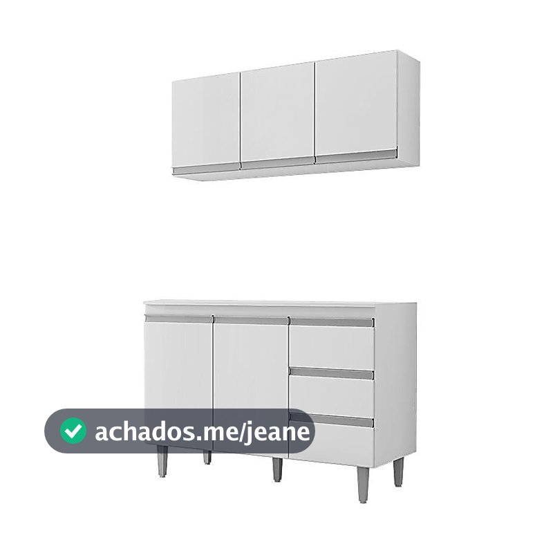 Balcão de Cozinha com Tampo 120 cm e Armário Aéreo Andréia Branco Brilho - AJL