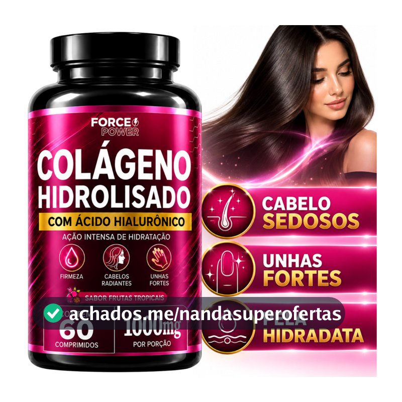 Colágeno Hidrolisado com Ácido Hialurônico 1000mg 60 Comprimidos Mastigáveis para Pele Cabelos e Unhas