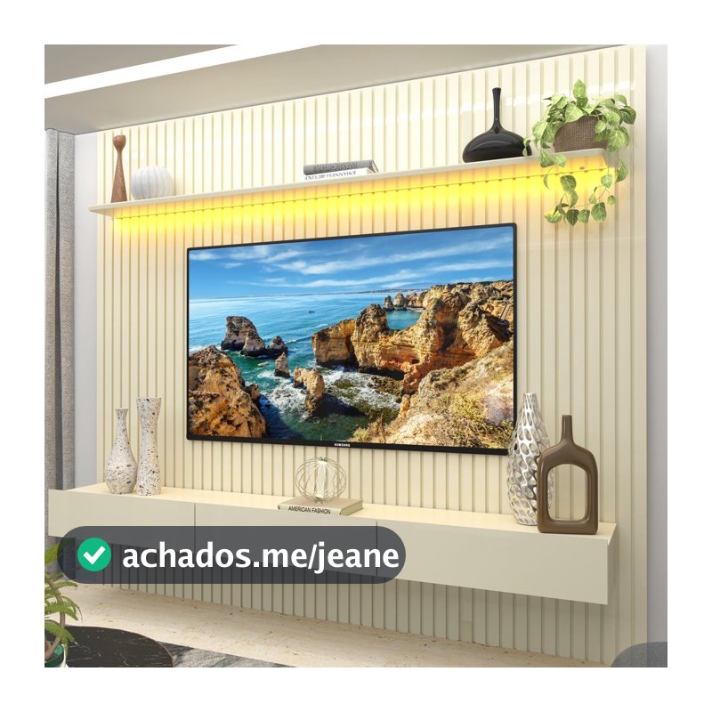 Rack com Painel para TV até 90 Polegadas 100% MDF Ripado com LED e 3 Gavetas 250CMX228,8cm Nobre Branco Off White