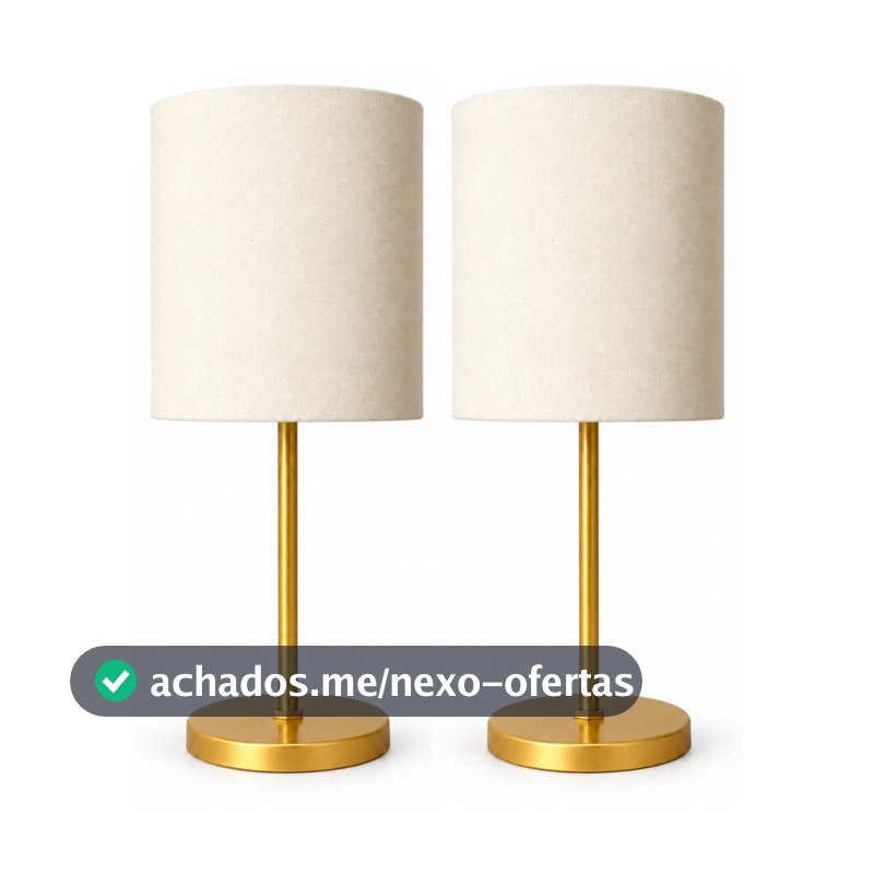 Kit Com 2 Abajures Luminária De Mesa Cúpula Cilíndrica Em Tecido Base Metal Dourado Para Quarto