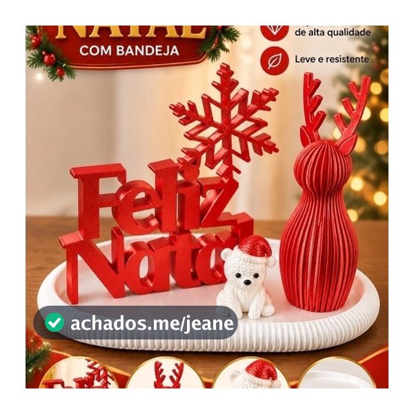 Kit Decoração de Natal com Bandeja Feliz Natal em 3D Vermelho Leve e Resistente