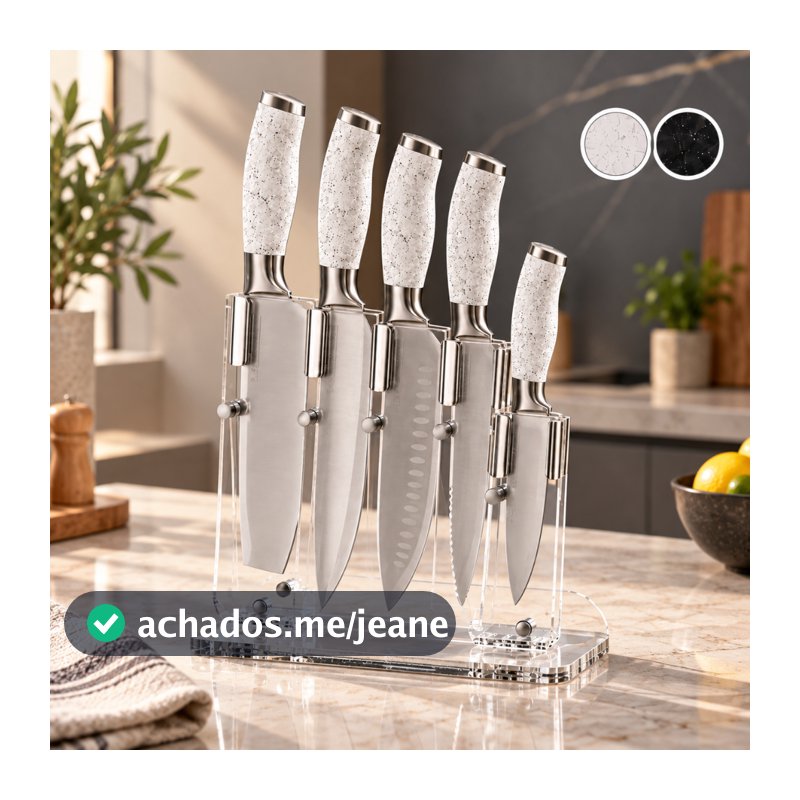 Faqueiro 5 Peças Aço Inox Suporte Acrílico Facas Chef Cutelo Santoku Universal Office