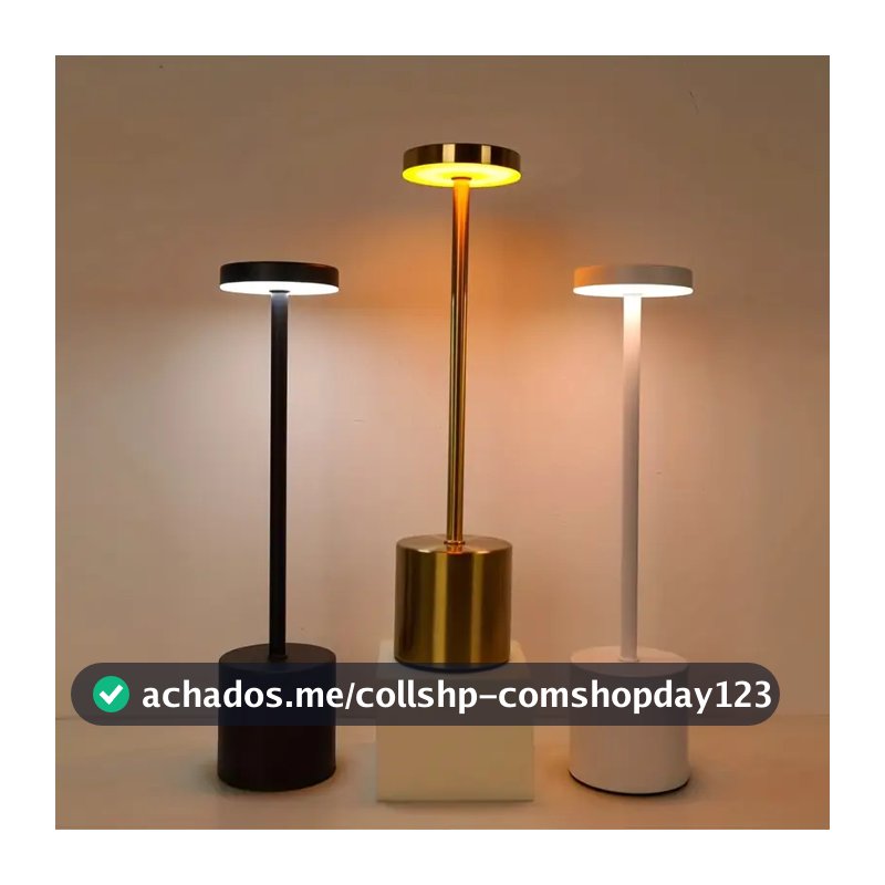Luminária de Mesa Abajur Cabeceira Escrivaninha LED 3 em 1 Recarregável Tipo C Preto Cromado Dourado