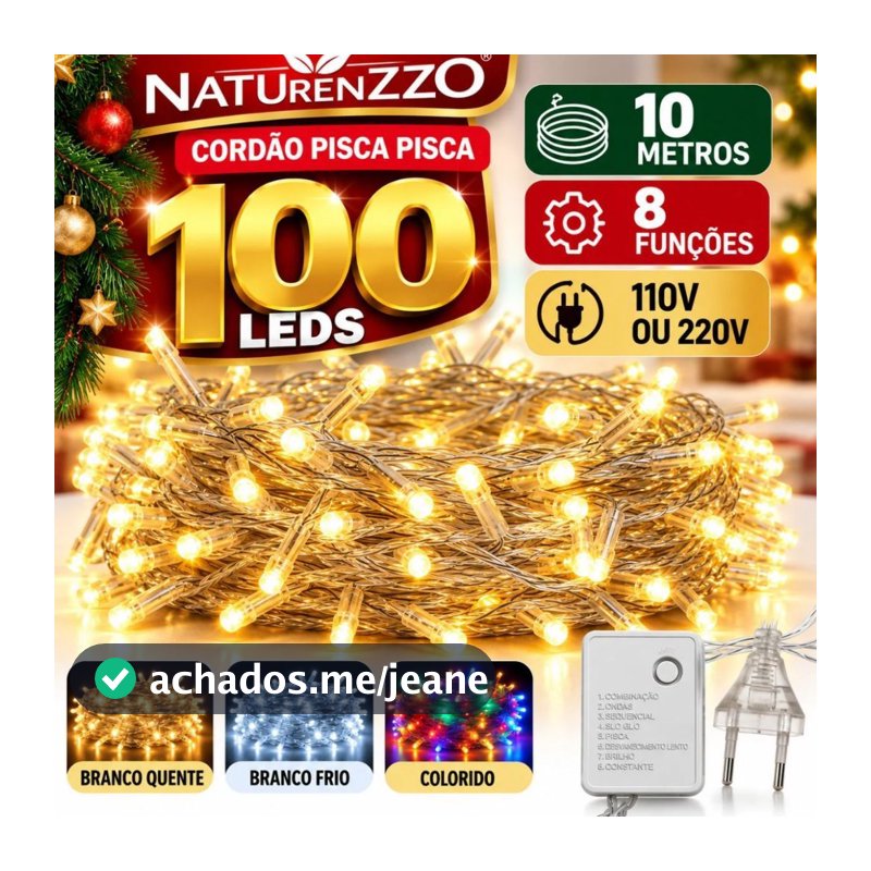 Pisca Pisca Natal 100 LEDs 10 Metros 8 Funções 110V 220V Branco Quente Branco Frio Colorido Fio Branco Naturenzzo