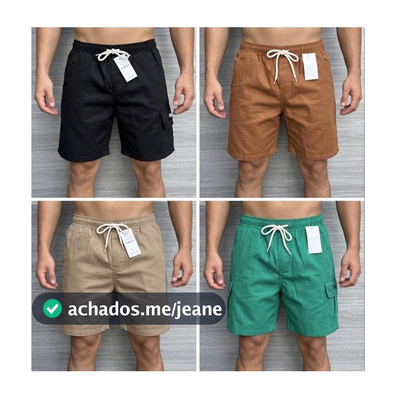 Shorts Masculino Cargo Sarja  Brin Com Bolsos Laterais Logo Bordado Cordão de Ajuste Na Cintura