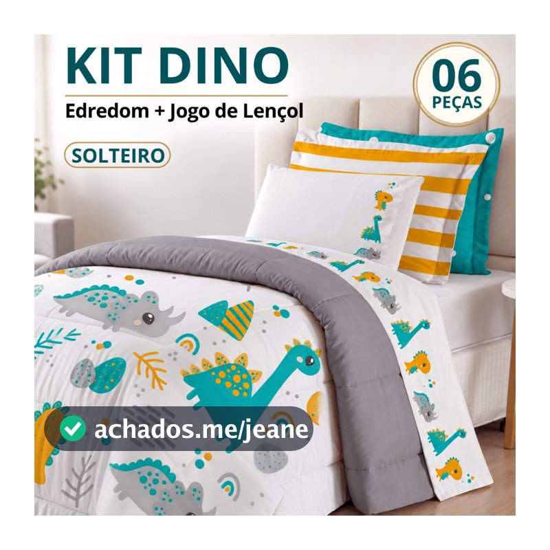 Kit Completo Cama Posta Solteiro 6 Peças Edredom + Jogo Lençol 300 Fios Percal Dino Menino Infantil