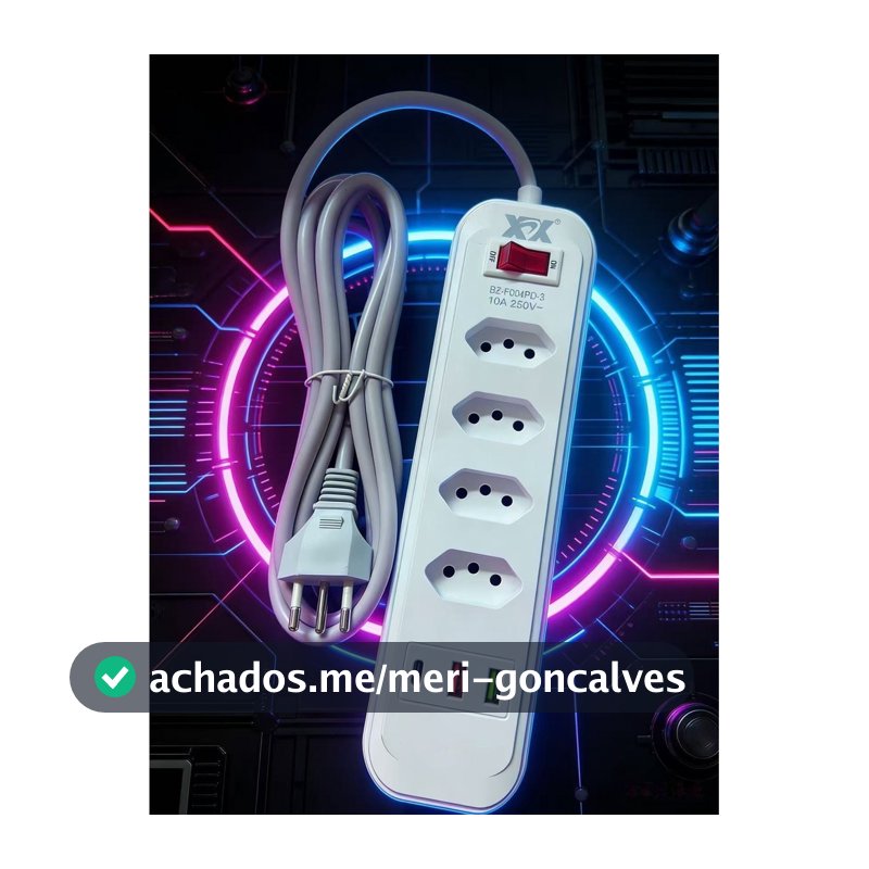 Régua de energia multifuncional de alta potência com portas USB e Tipo-C, e um cabo de 2 metros.