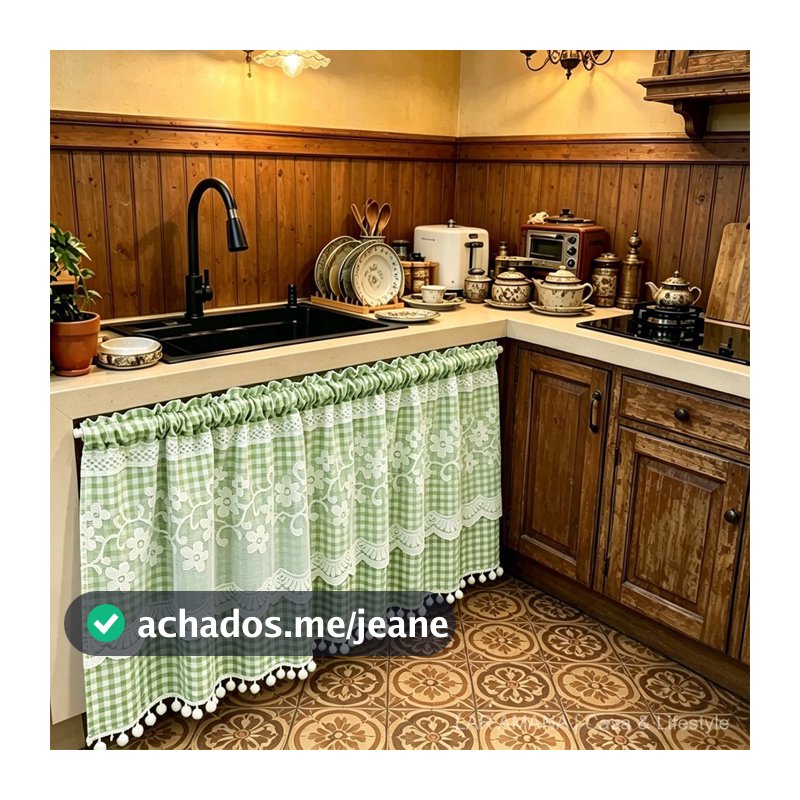 Cortina Curta Xadrez para Cozinha com Renda Floral e Pompom para Varão