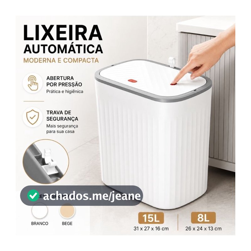 Lixeira Retrátil 15L 8L Tampa Click Antiodor Compacta para Banheiro Cozinha Quarto Branca Bege