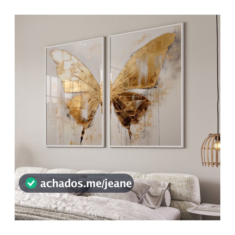 Kit 2 Quadros Decorativos Moldura Vidro Asas Borboleta Gold Moderno Branco Dourado Quarto Sala Hall Fsc Elegante