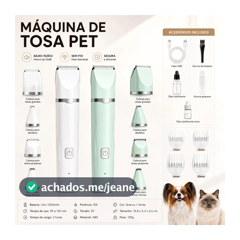 Máquina de Tosa 4 EM 1 para Pets USB Recarregável | Cortador de Cabelo Silencioso para Cães e Gatos | Uso Profissional