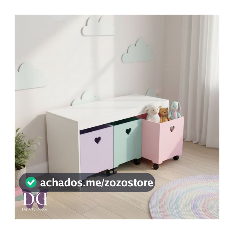 Organizador de Brinquedos Bancada Infantil 3 Gavetas Com Rodinhas em MDF