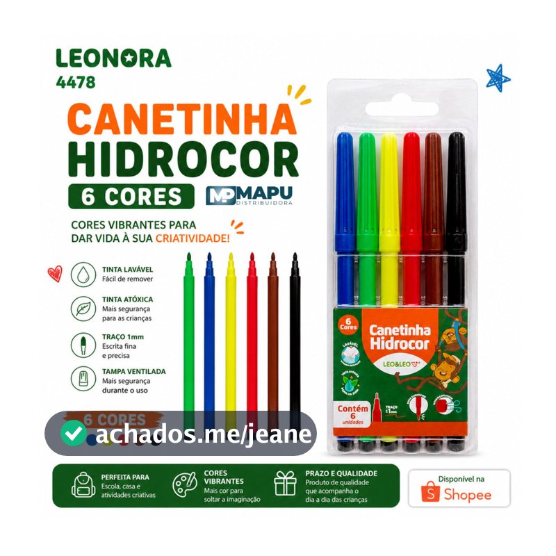 Escolha entre 10, 20 ou 30 und de Canetinha Hidrográfica 6 Cores Hidrocor Canetinhas Escolar Leo&Leo