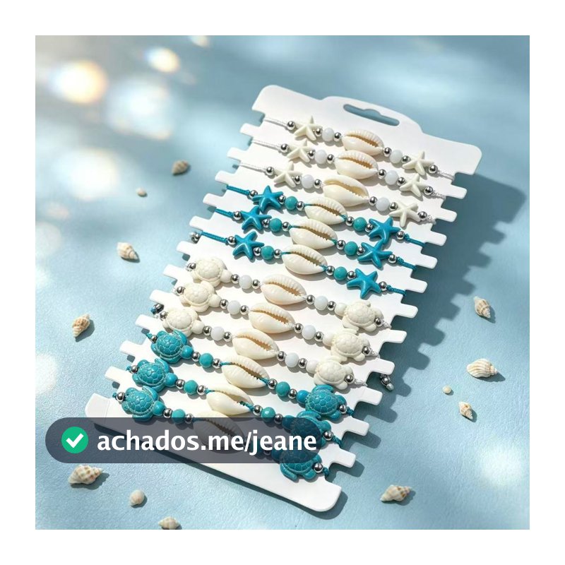 Kit 12 Pulseira Tornozeleira Búzio Com Estrela Do Mar e Tartaruga Mistu Ajustável Moda Praia