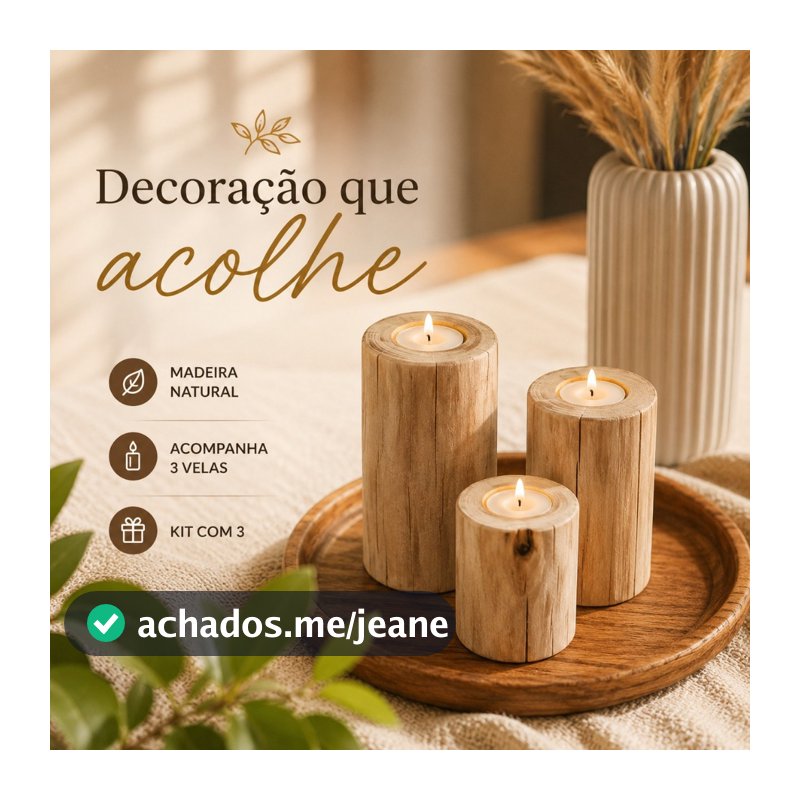 Kit 3 Velas Decorativa De Madeira Castiçal Rústico Artesanal Para Mesa Sala Boho - Casa 67
