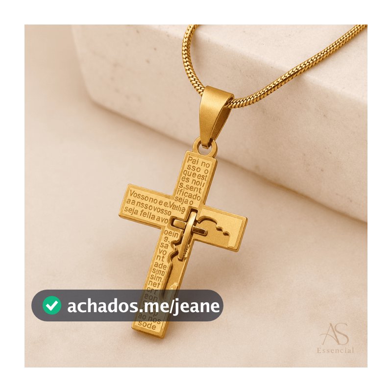 Colar Cruz com Pai Nosso em Aço Inox | Pingente Religioso Proteção Fé Masculino Feminino