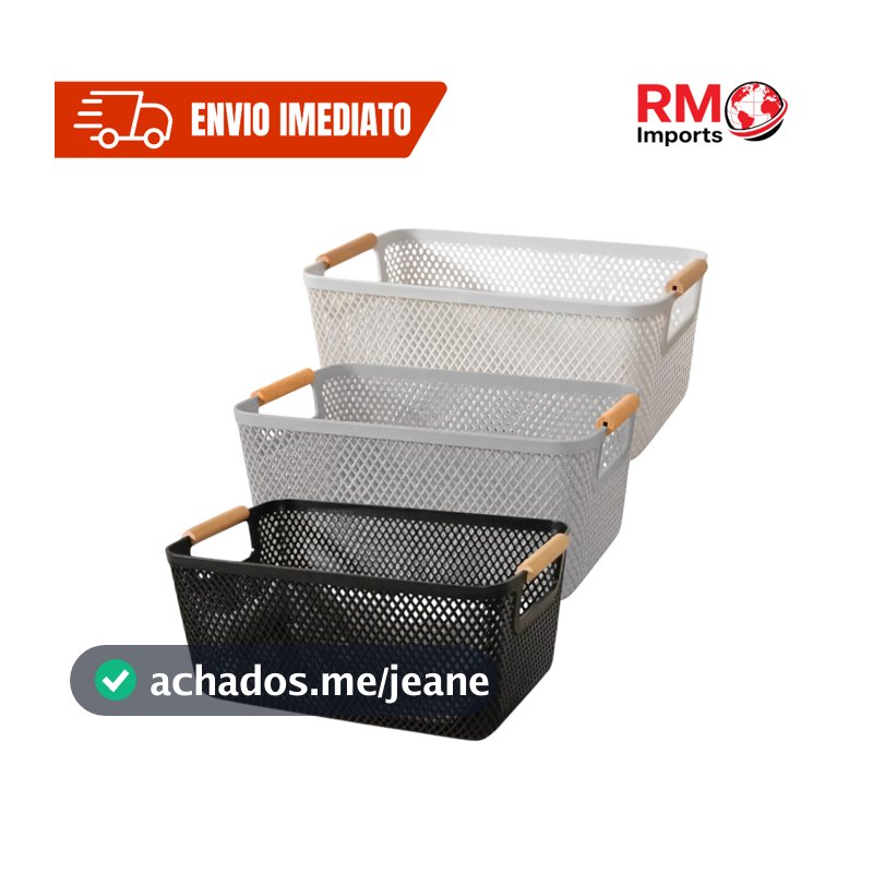 Cesto Organizador Plástico Multiuso com Alça de Madeira Branco Preto Cinza