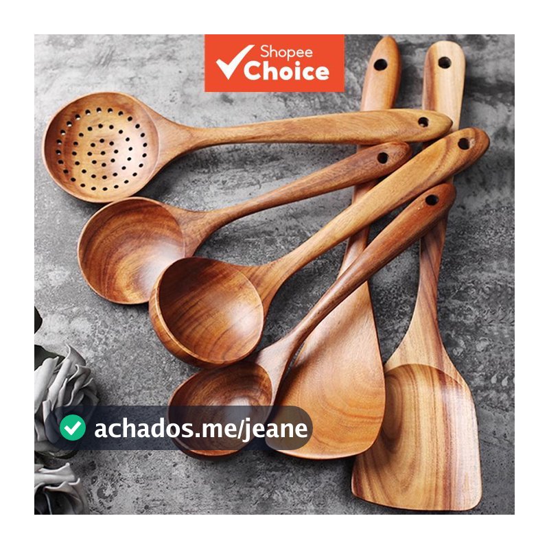 Conjunto de 6 Utensílios de Cozinha de Madeira: Espátula e Colher para Casa, Não Gruda